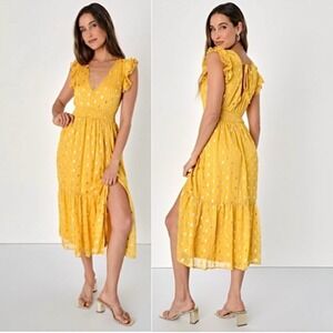 Lulus Cause to Celebrate Yellow and Gold Dot Ruffled Tiered‎ Midi Dress, Size XS